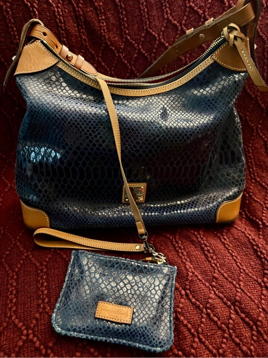 Dooney & Bourke Handbags - Dooney & Bourke Embossed Python Leather Hobo Shoulder & Wallet Navy/British Tan